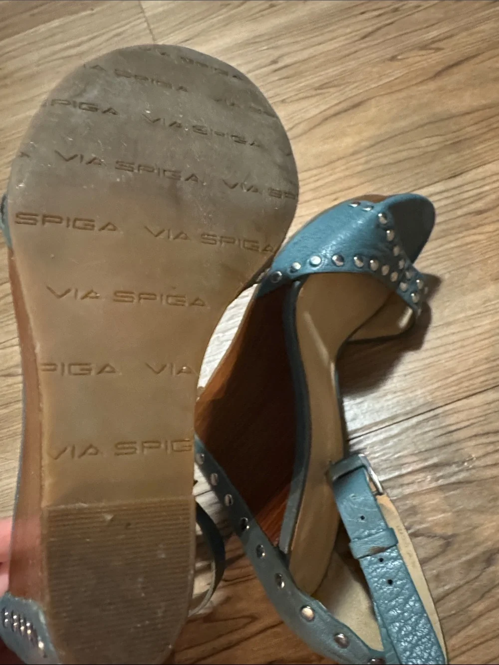 Via Spiga Teal Studded Ankle-Strap Heels